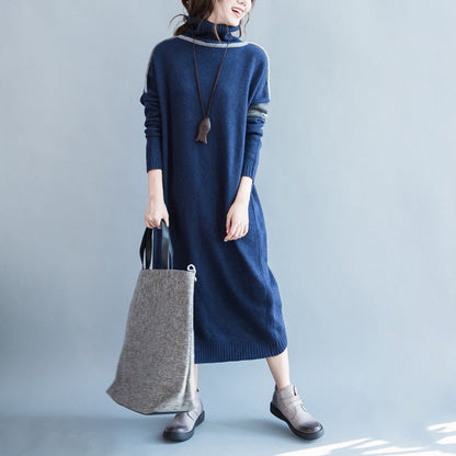 Chunky Dark Blue Knit Dresses Loose Fitting Patchwork Spring Dresses High Neck Pullover