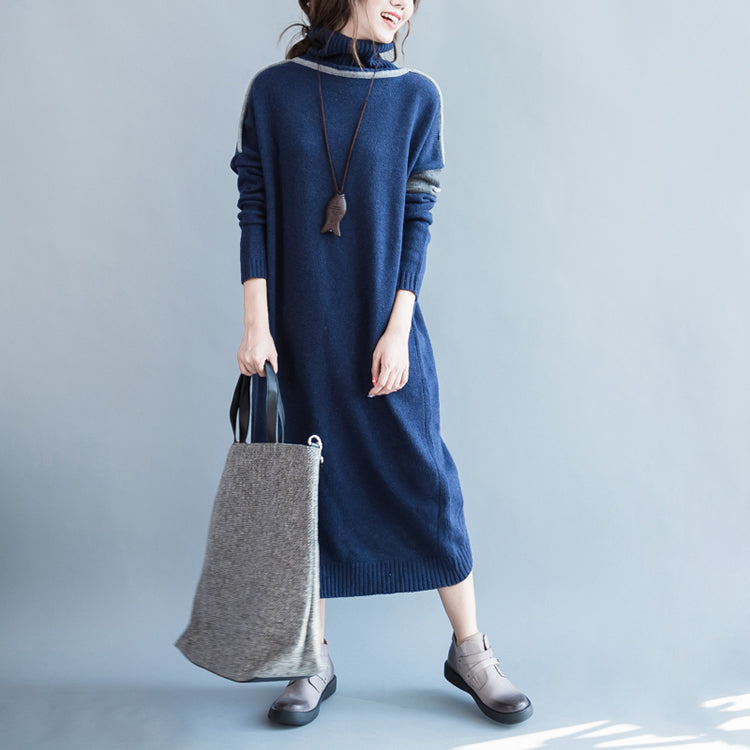 Chunky Dark Blue Knit Dresses Loose Fitting Patchwork Spring Dresses High Neck Pullover