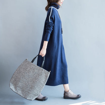 Chunky Dark Blue Knit Dresses Loose Fitting Patchwork Spring Dresses High Neck Pullover