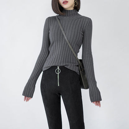Chunky Dark Gray Knit Tops High Neck Sweaters Side Open Winter Sweaters