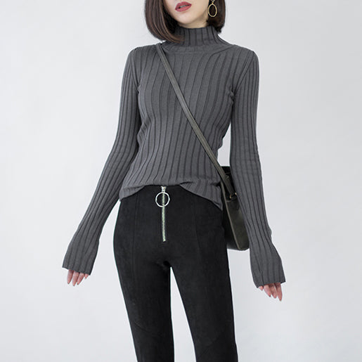 Chunky Dark Gray Knit Tops High Neck Sweaters Side Open Winter Sweaters
