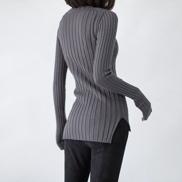 Chunky Dark Gray Knit Tops High Neck Sweaters Side Open Winter Sweaters