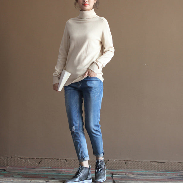 Chunky Nude Winter Sweater Oversized Knit Sweat Tops High Neck Pullover