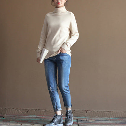 Chunky Nude Winter Sweater Oversized Knit Sweat Tops High Neck Pullover