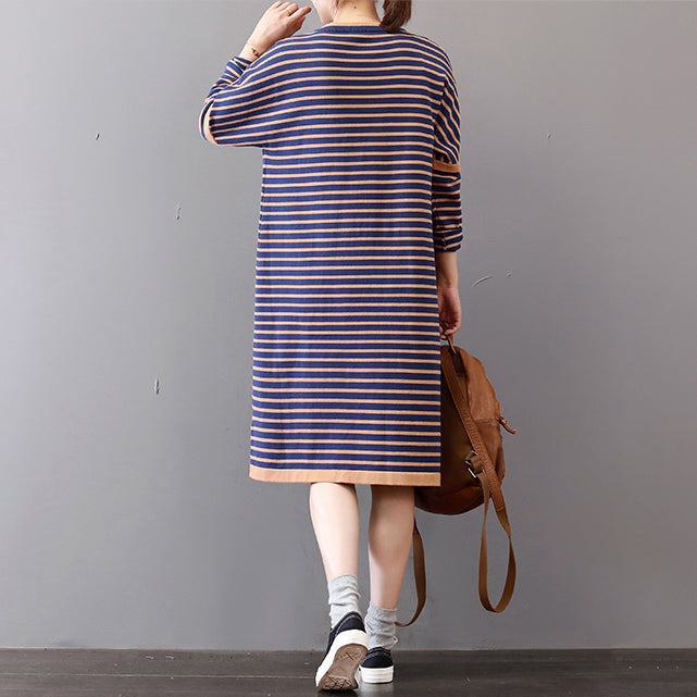 Chunky Striped Sweater Dress Oversize O Neck Winter Dresses Long Sleeve Winter Dress