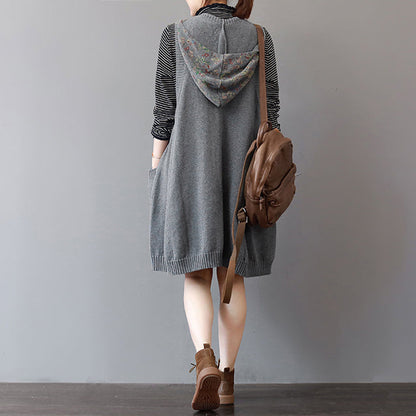 Cozy Green Sweater Dress Sleeveless Pullover Sweater Hooded Dress