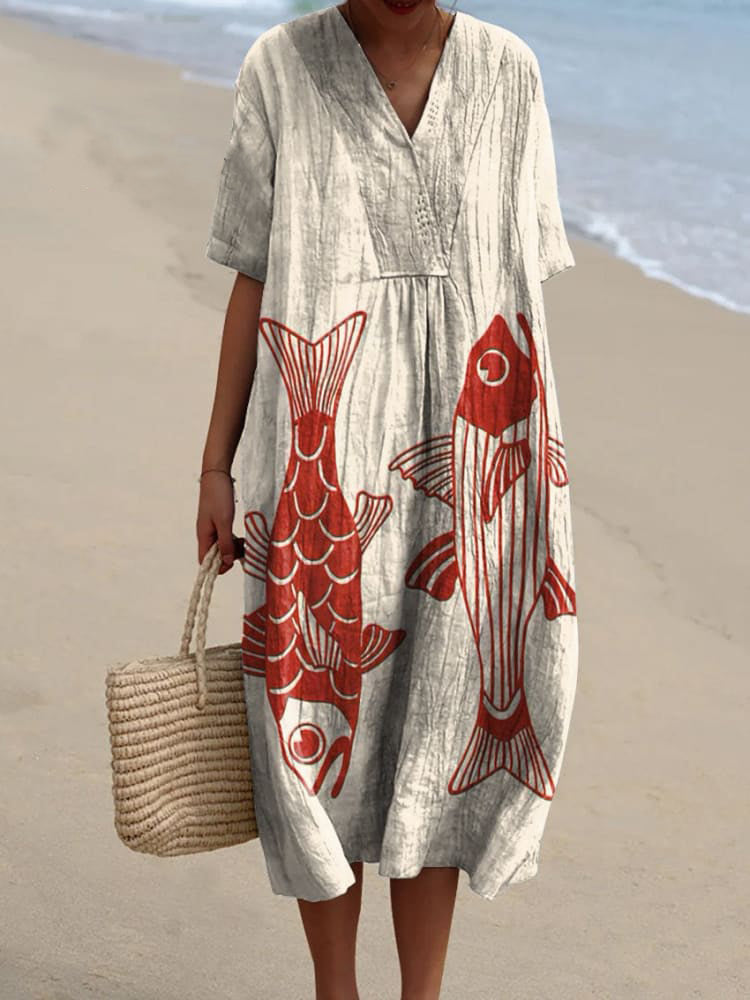 Women's Fish Print V-Neck Loose Midi Dress