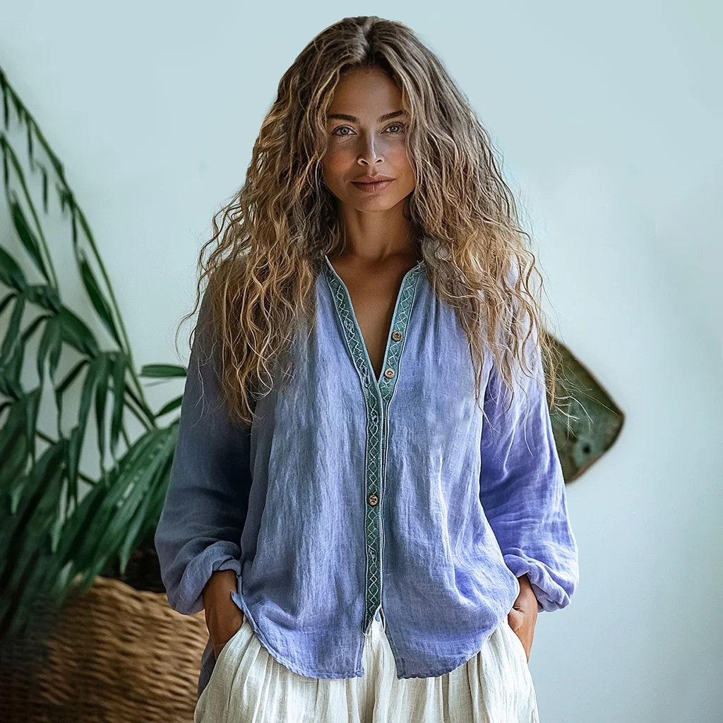 Bohemian Style Linen Print  Long Sleeve Shirt artswardrobe