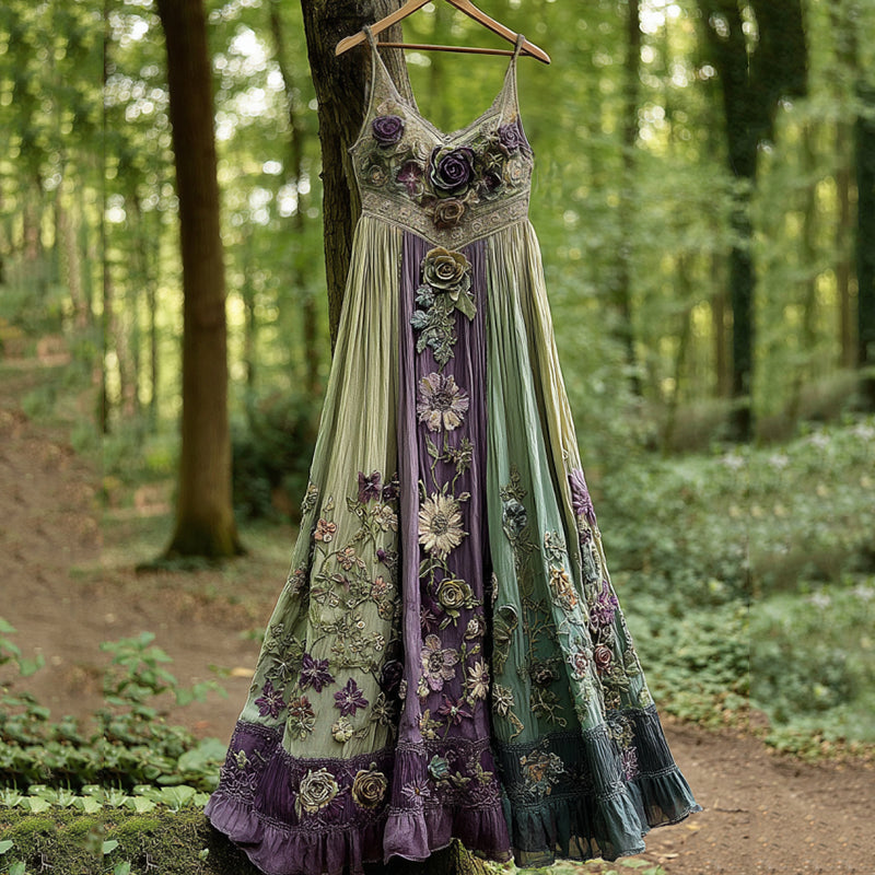 Classy Gradient Purple Lavender And Floral Embroidered Linen Suspender Long Dress