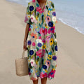 Comstylish Color Block Floral Art Printed V Neck Casual Midi Dress