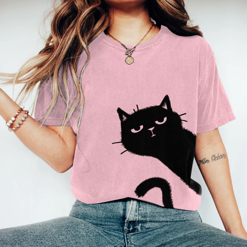 Comstylish Women's Abstract Creative Cute Black Cat Art Print T-shirt