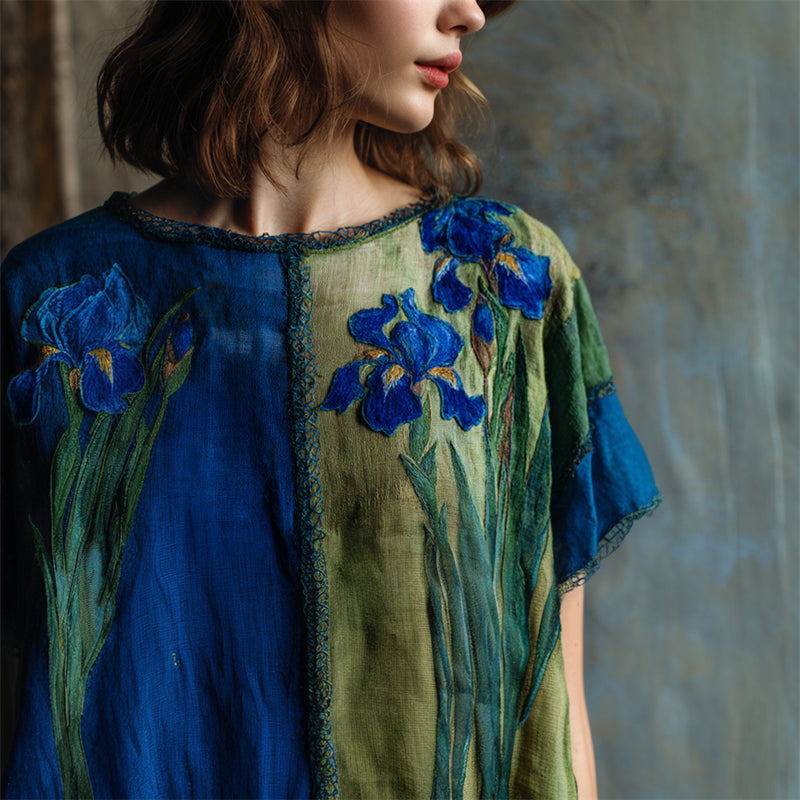 Oil Painting Irises Embroidered Contrast Flowy Linen Tunic