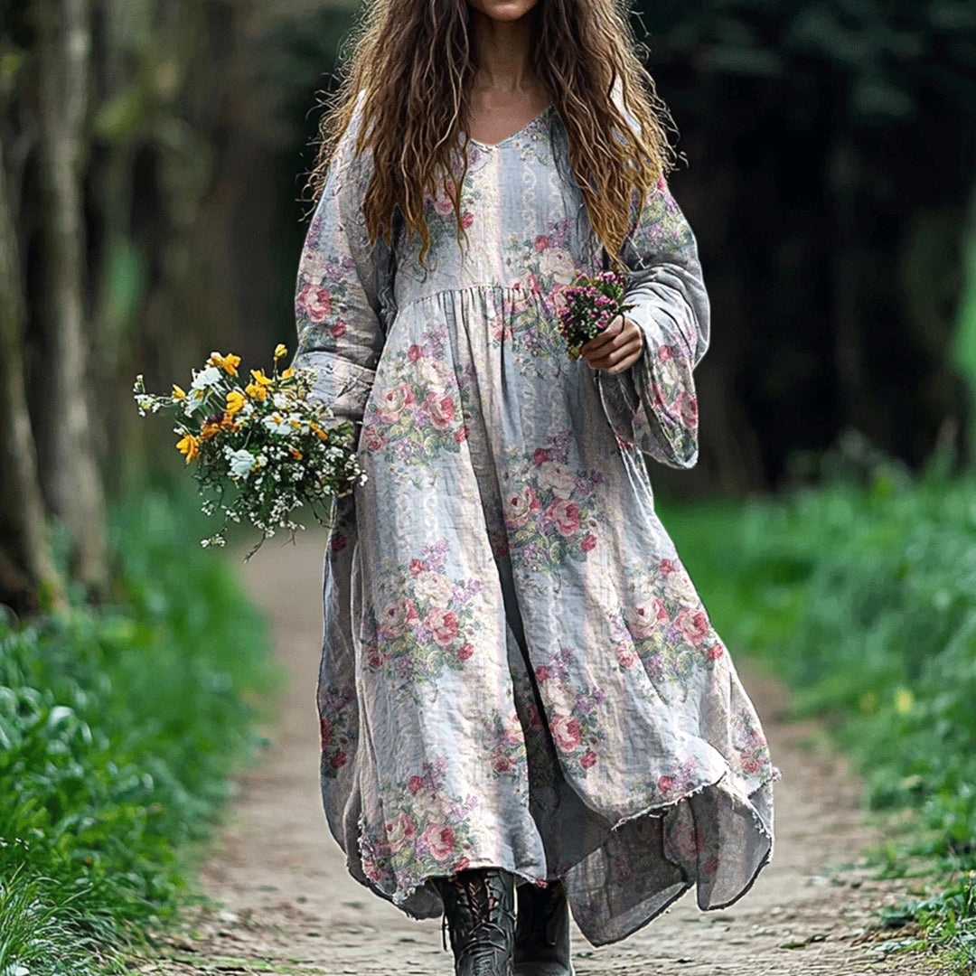 Vintage Floral Print Loose Midi Dress artswardrobe