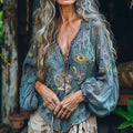 Bohemian Floral Linen Art Print Long Sleeve V-neck Shirt artswardrobe
