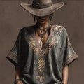 Bohemian Western Style Geometric Pattern Vintage V-neck Short-sleeved Shirt artswardrobe