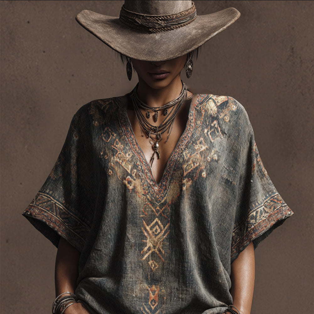 Bohemian Western Style Geometric Pattern Vintage V-neck Short-sleeved Shirt artswardrobe