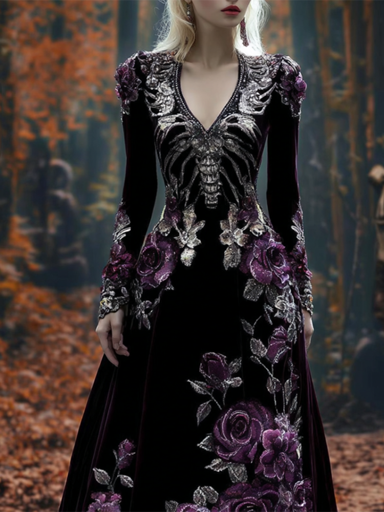 Comstylish Woman's Velvet-textured Long Dress Designed With A Combination Of Halloween Skeleton And Plant Flower Patterns.
