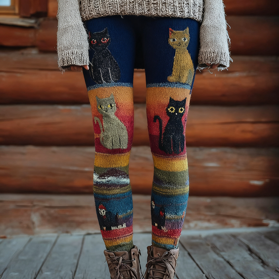 Comstylish Christmas Fun Cat Knitting Tight-fitting Leggings