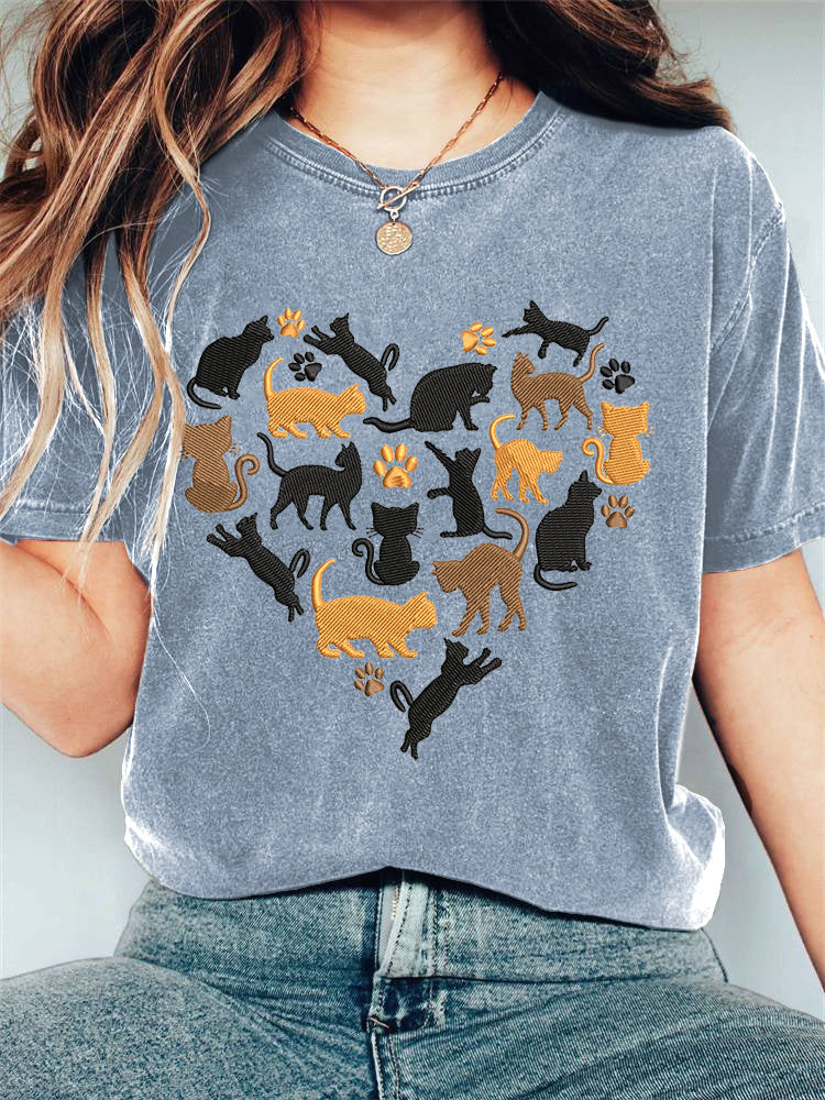 Love Cat Embroidery Printed T-shirt elevenforest