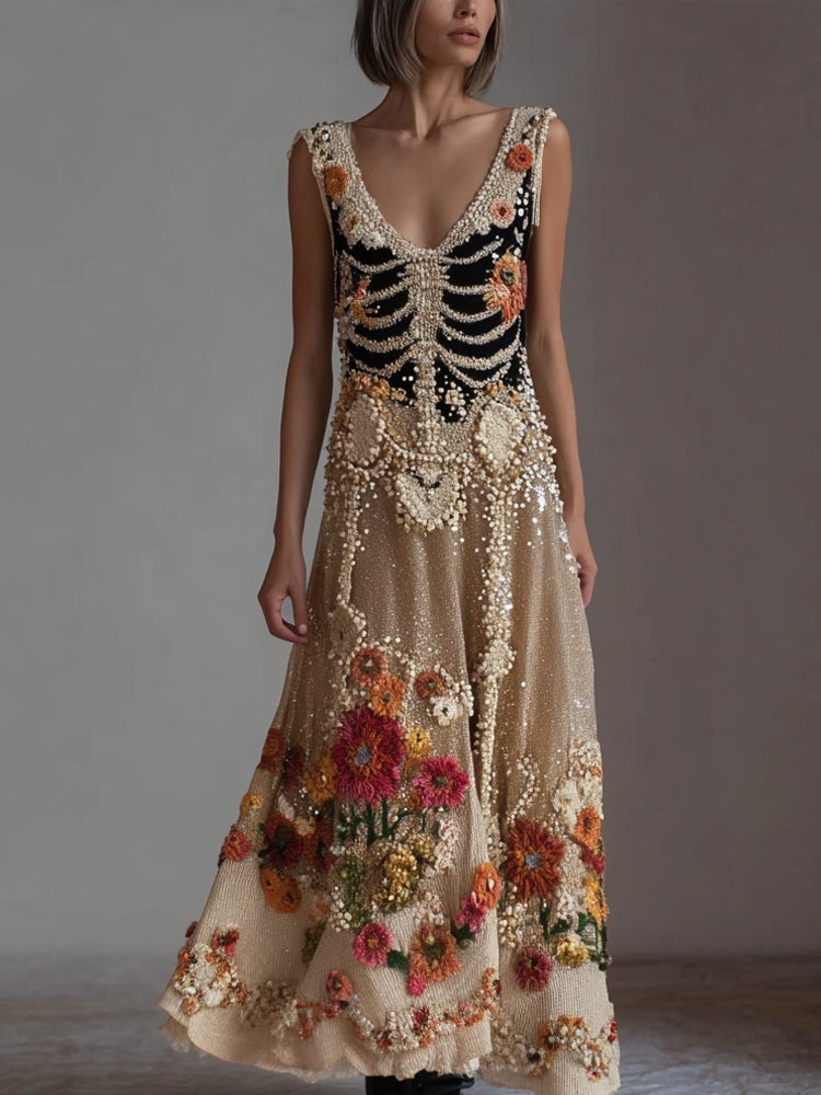 Comstylish Vintage Skeleton Flowers Glitter V Neck Flowy Maxi Dress