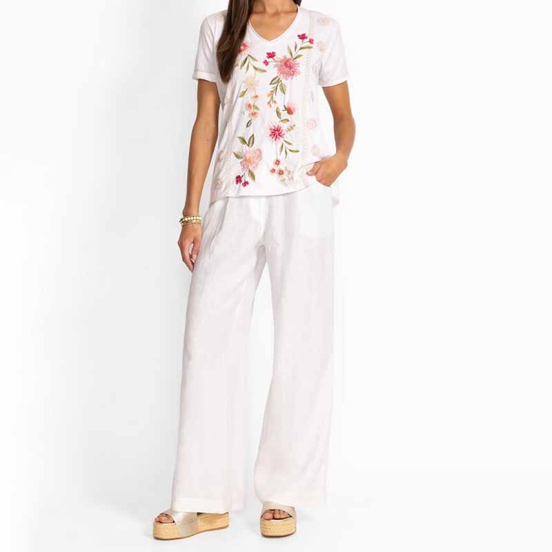 Women's Vintage Ethnic Floral Embroidery Linen V-neck T-shirt And Linen Wide-leg Pants Two-piece Set artswardrobe