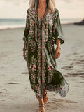 Women's Floral Embellished Pattern Art Print Pocket Cotton Dress