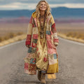 Comstylish Women's Vintage Patchwork Floral Art Cozy Knit Hooded Long Cardigan