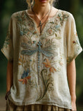 Comstylish Vintage Cotton And Linen Dragonfly And Vine Pattern Worn-out V-neck Short-sleeved T-shirt