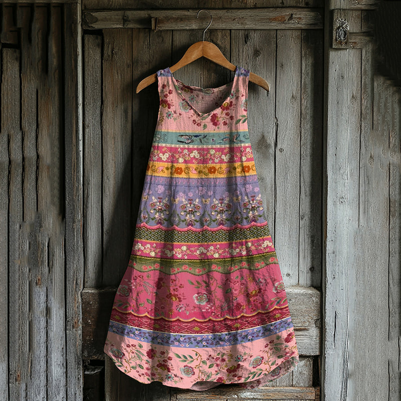 Vintage Floral Patchwork Art Linen Blend Tank Dress artswardrobe