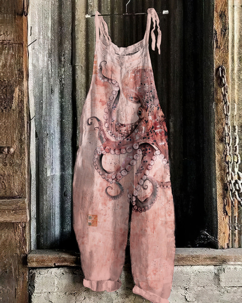 Comstylish Vintage Japanese Art Octopus Print Casual Loose Jumpsuit