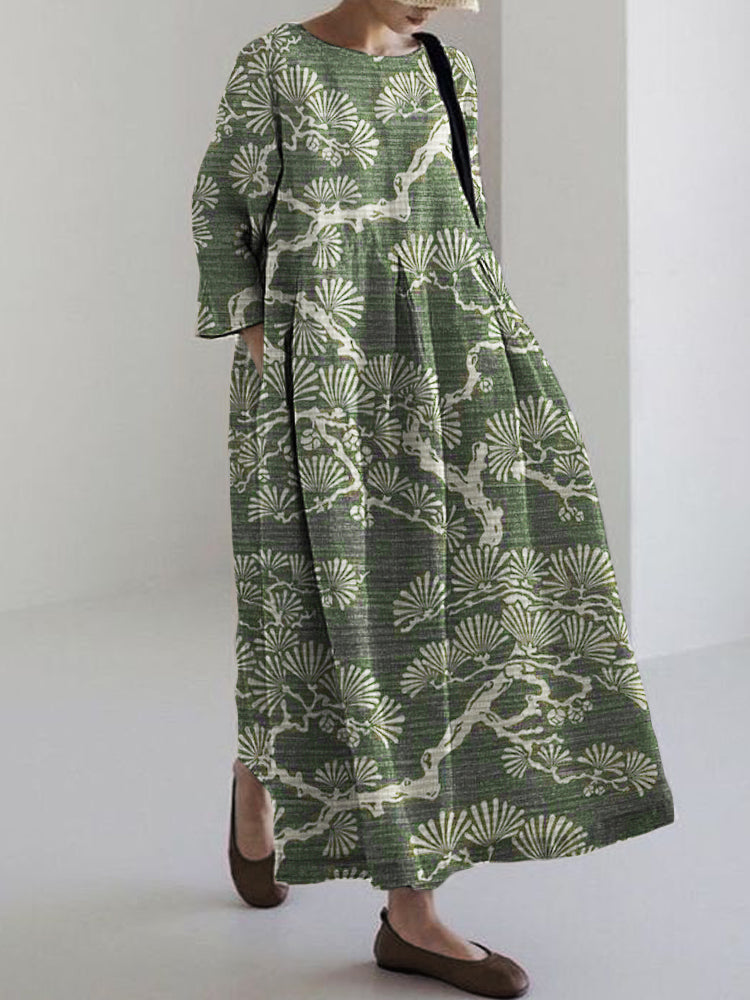 Comstylish Pine Trees Japanese Lino Art Linen Blend Maxi Dress