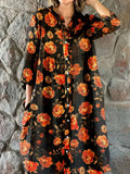 Women's Elegant Retro Floral Print Shirt Style Cotton Linen Dress