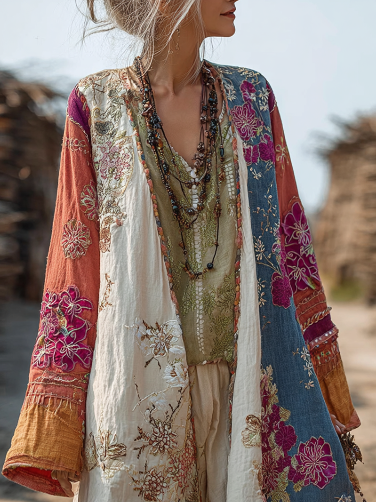 Comstylish Bohemian Style Plant And Flower Embroidery Printed Women's Cotton And Linen Long Cardigan