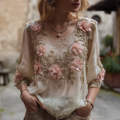 Comstylish Bohemian Style 3d Pink Flowers And Embroidery Women's Round Neck Cotton And Linen Top