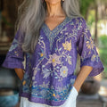 Vintage Floral Embroidery Linen Art V-neck Shirt artswardrobe