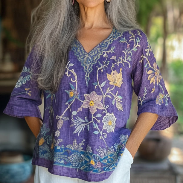 Vintage Floral Embroidery Linen Art V-neck Shirt artswardrobe