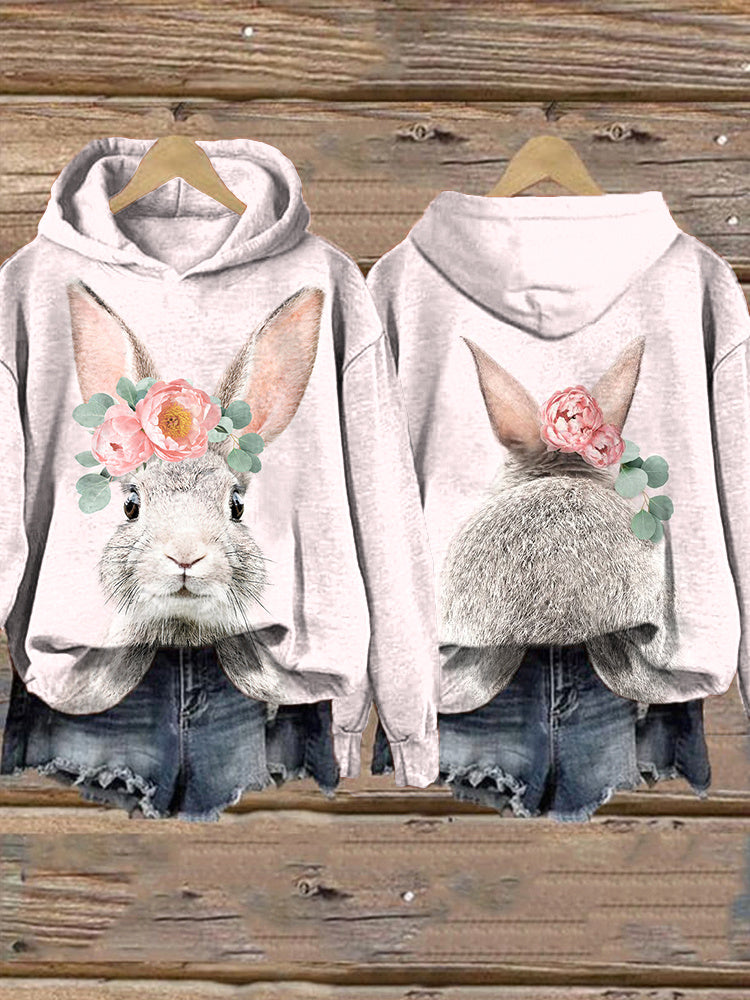 Bunny & Flower Art Painting Casual Cozy Hoodie artswardrobe