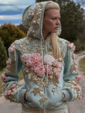 Comstylish Women's Bohemian Style Handmade Rose Pearl Sky Blue Vintage Hoodie