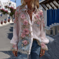 Comstylish Women's Vintage Floral Embroidery Art Linen Blend Shirt
