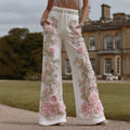 Comstylish Women's Vintage Pink Floral Embroidery Art Sweatpants