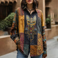 Women's Vintage Ancient Egyptian Cat Patchwork Lapel Linen Blend Shirt artswardrobe