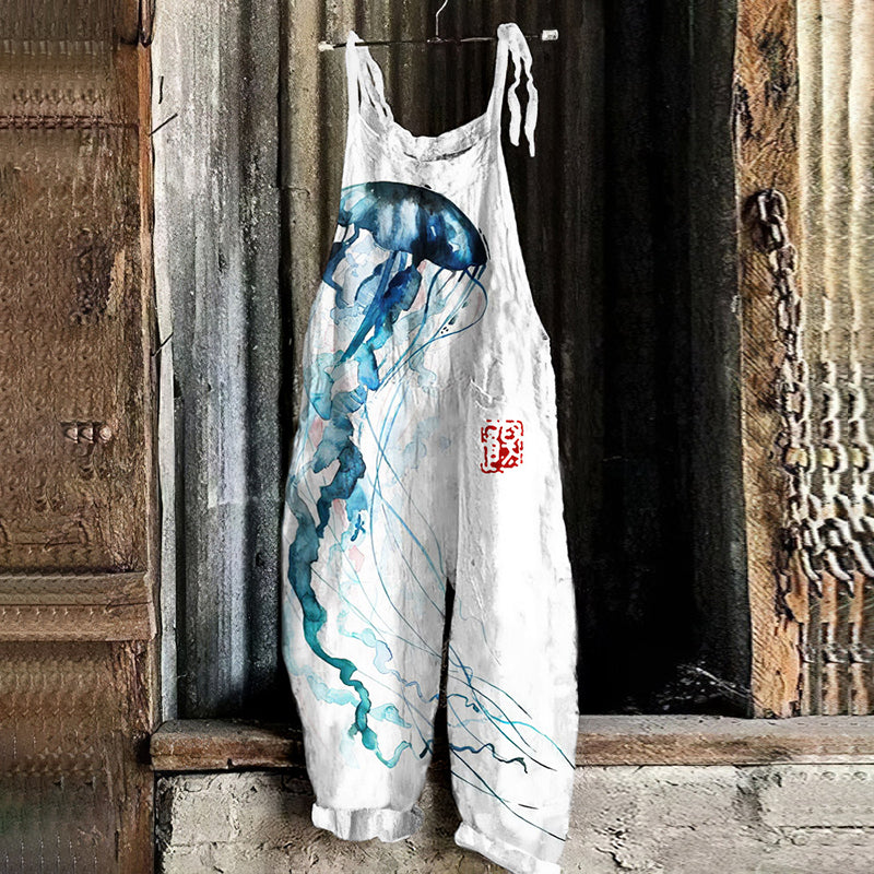 Comstylish Japanese Art Jellyfish Print Casual Linen Blend Jumpsuit