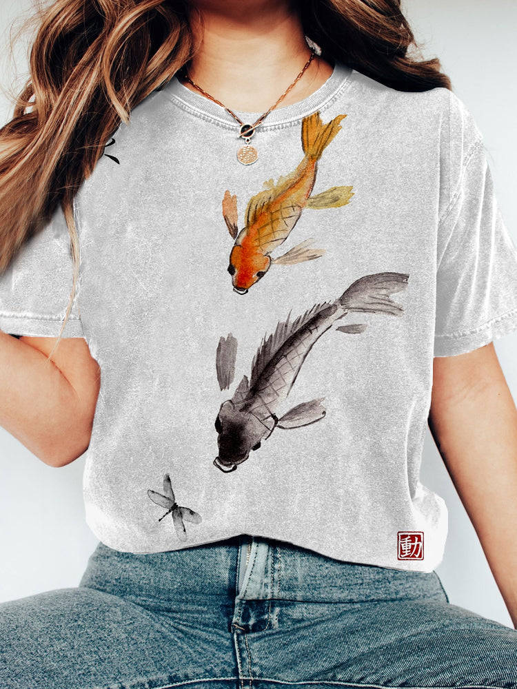 Comstylish Japanese Watercolor Koi & Dragonfly Art Washed T Shirt