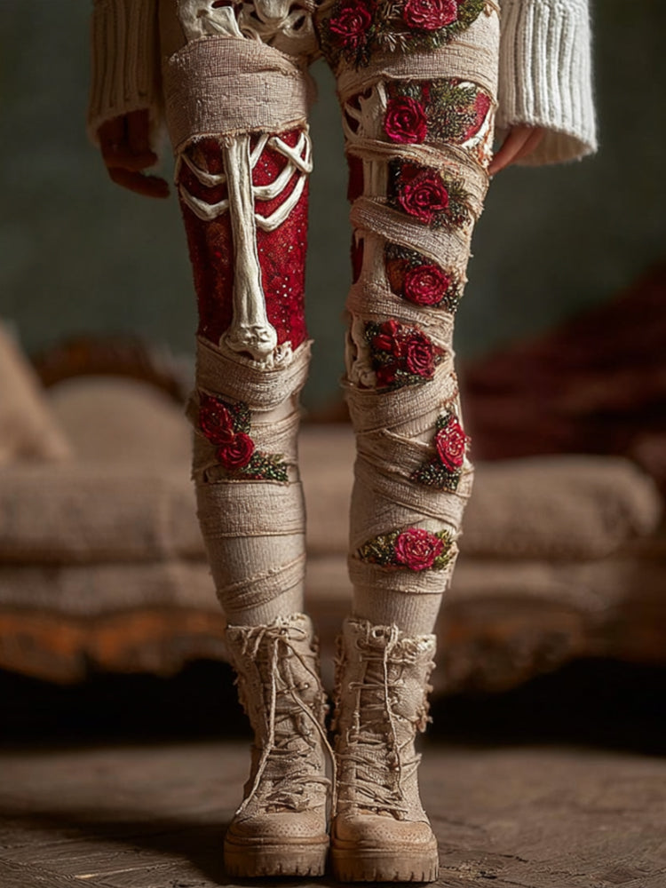 Comstylish Women's Halloween Skull And Rose 3d Embroidered Pants