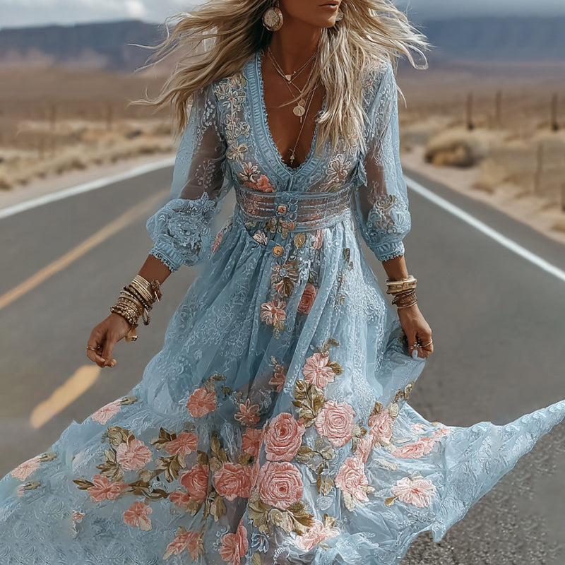 Women's Vintage Blue Floral Embroidery V Neck Casual Maxi Dress artswardrobe
