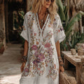 Comstylish Women's Floral Embroidery Art V Neck Comfy Midi Dress