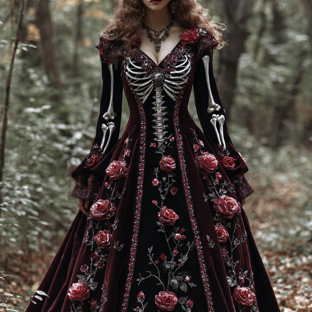 Comstylish Classic Skeleton Bones With Roses Flowy Maxi Dress