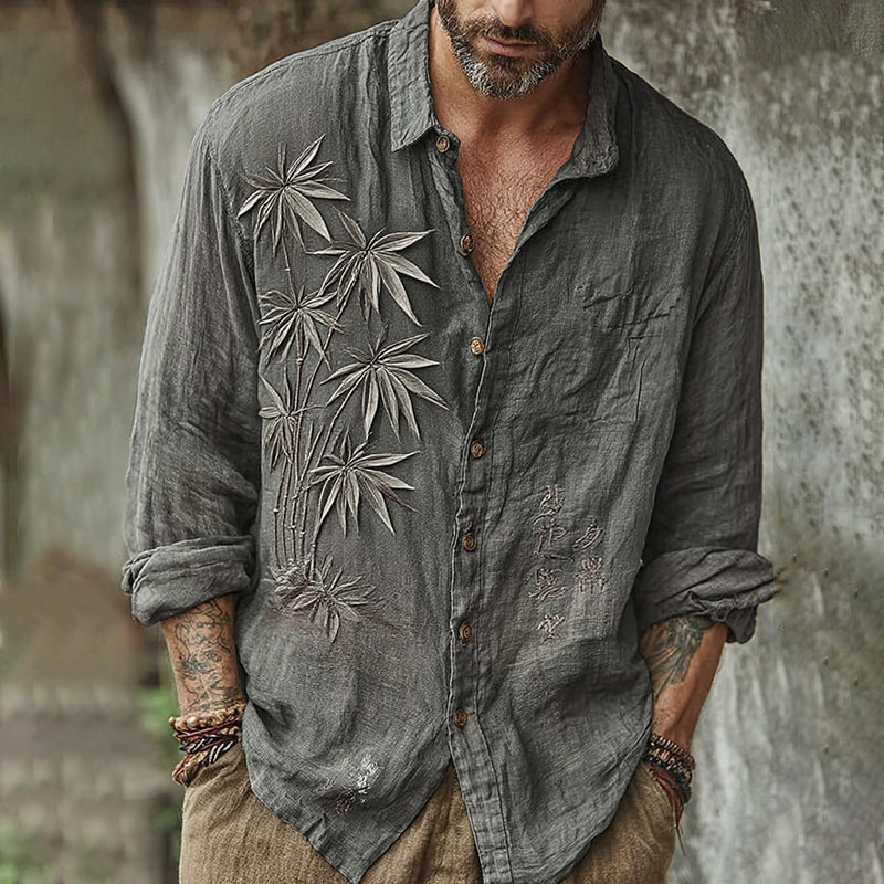 Men's Vintage Japanese Bamboo Embroidery Art Long Sleeve Linen Blend Shirt artswardrobe
