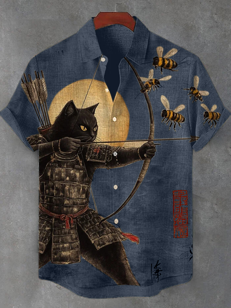 Men's Black Cat Tribal Warrior Japanese Kyudo Print Short Sleeve Shirt elevenforest