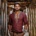Men's Bohemian Embroidered Linen V-neck Shirt artswardrobe